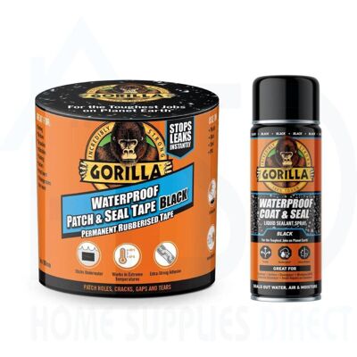 Gorilla Patch & Seal Tape 100mm x 3M Black + Waterproof Coat & Seal Spray 450ml Gorilla Patch & Seal Tape 100mm x 3M Black + Waterproof Coat & Seal Spray 450ml