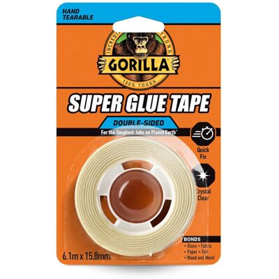 Gorilla Super Glue Tape, 6.1m x 15.88mm – Heavy Duty, Crystal Clear, No Mess Dou Gorilla Super Glue Tape, 6.1m x 15.88mm – Heavy Duty, Crystal Clear, No Mess Dou