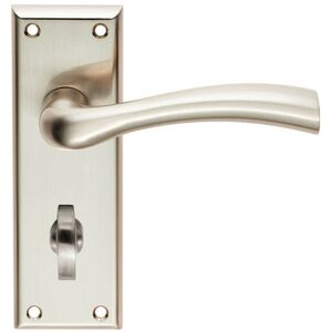 Loops Chunky Curved Tapered Handle on Bathroom Backplate 150 x 50mm Satin Nickel Loops Chunky Curved Tapered Handle on Bathroom Backplate 150 x 50mm Satin Nickel