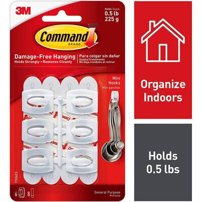 3M Command Mini Hooks-White 6 Hooks & 8 Strips 3M Command Mini Hooks-White 6 Hooks & 8 Strips