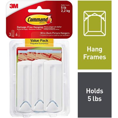 3M Command Large Wire-Backed Picture Hangers-White 3 Hooks & 6 Strips 3M Command Large Wire-Backed Picture Hangers-White 3 Hooks & 6 Strips