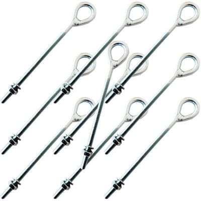 Loops QTY 10 10 x 3/8" Welded Eye E Bolt Galvanised Steel Wire Rope 250mm Thread Nut Loops QTY 10 10 x 3/8" Welded Eye E Bolt Galvanised Steel Wire Rope 250mm Thread Nut