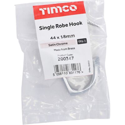 Timco Single Robe Hook Satin Chrome - 44 x 18mm (1 Pack Bag) Timco Single Robe Hook Satin Chrome - 44 x 18mm (1 Pack Bag)