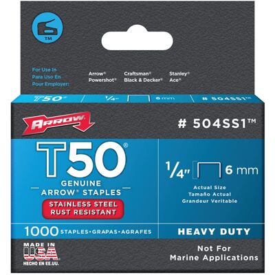 Arrow Fastener Co. .25in. T50 Stainless Steel Staples 504SS1 Arrow Fastener Co. .25in. T50 Stainless Steel Staples 504SS1