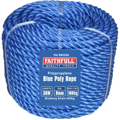 Faithfull Blue Poly Rope Coil - 8mm Dia x 30 Meters, Max Load 100kg, Breaking St Faithfull Blue Poly Rope Coil - 8mm Dia x 30 Meters, Max Load 100kg, Breaking St