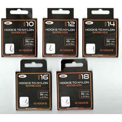 NGT Barbless Hooks - 50 Pieces in Sizes 10, 12, 14, 16 & 18 NGT Barbless Hooks - 50 Pieces in Sizes 10, 12, 14, 16 & 18