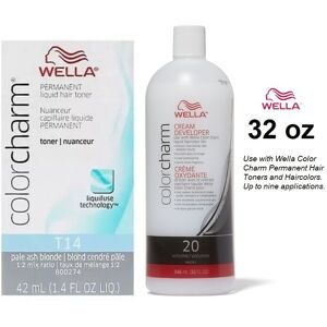 (T14 Pale Ash Blonde + 20 Vol. 32oz) Wella Hair Colour & 20 Volume Developer 32o (T14 Pale Ash Blonde + 20 Vol. 32oz) Wella Hair Colour & 20 Volume Developer 32o