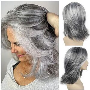 Unbranded Human Hair Gray Wig 14 Inch Layered Wavy Curtain Bangs Shoulder Length Natural W Unbranded Human Hair Gray Wig 14 Inch Layered Wavy Curtain Bangs Shoulder Length Natural W