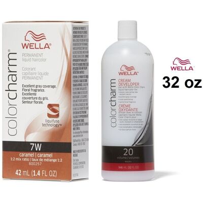 (7W + Developer (Vol. 20) 32oz ) 7W Caramel Wella Color Charm Permanent Haircolo (7W + Developer (Vol. 20) 32oz ) 7W Caramel Wella Color Charm Permanent Haircolo