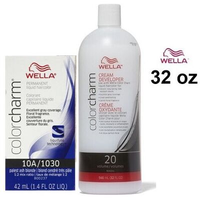 (10A+Dev(Vol.20)32oz) Wella 10A Palest Ash Blonde Color Charm Permanent Liquid H (10A+Dev(Vol.20)32oz) Wella 10A Palest Ash Blonde Color Charm Permanent Liquid H