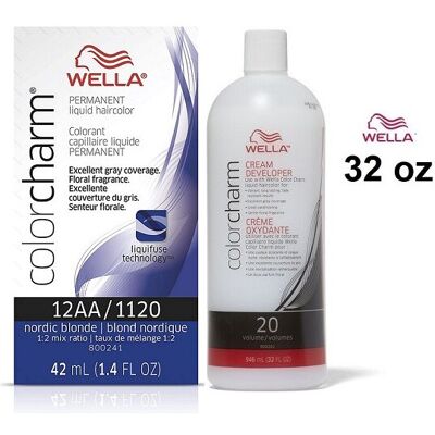 (12AA+Dev(Vol.20)32oz) Wella 12AA Nordic Blonde Color Charm Permanent Liquid Hai (12AA+Dev(Vol.20)32oz) Wella 12AA Nordic Blonde Color Charm Permanent Liquid Hai