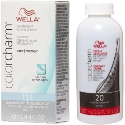 (T14 + Developer (Vol.20) 3.6) Wella Permanent Hair Colour T14 Pale Ash Blonde (T14 + Developer (Vol.20) 3.6) Wella Permanent Hair Colour T14 Pale Ash Blonde