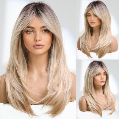 Unbranded Long Blonde Human Hair Wig with Bangs, Layered Dark Roots, Heat Resistant, Breat Unbranded Long Blonde Human Hair Wig with Bangs, Layered Dark Roots, Heat Resistant, Breat
