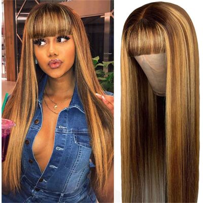 Unbranded Brazilian Human Hair Wig with Bangs, Highlight Ombre, Glueless Lace Front, 150% Unbranded Brazilian Human Hair Wig with Bangs, Highlight Ombre, Glueless Lace Front, 150%