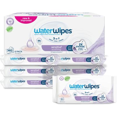 WaterWipes Sensitive+ Soothing Wipes, 360 Count (6 Packs), 3-In-1 Cleans, Cares, WaterWipes Sensitive+ Soothing Wipes, 360 Count (6 Packs), 3-In-1 Cleans, Cares,