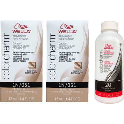 (2-Pack + Developer) Wella Color Charm Permanent Liquid Hair Color 1N Black (2-Pack + Developer) Wella Color Charm Permanent Liquid Hair Color 1N Black