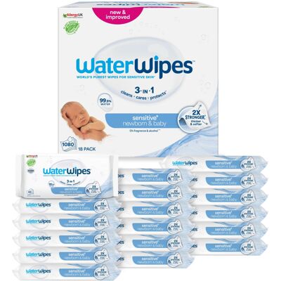 WaterWipes Sensitive+ Newborn & Baby Wipes, 1080 Count (18 Packs), 3-In-1 Cleans WaterWipes Sensitive+ Newborn & Baby Wipes, 1080 Count (18 Packs), 3-In-1 Cleans