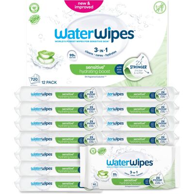 WaterWipes Sensitive+ Hydrating Boost Wipes, 720 Count (12 Packs), 3-In-1 Cleans WaterWipes Sensitive+ Hydrating Boost Wipes, 720 Count (12 Packs), 3-In-1 Cleans