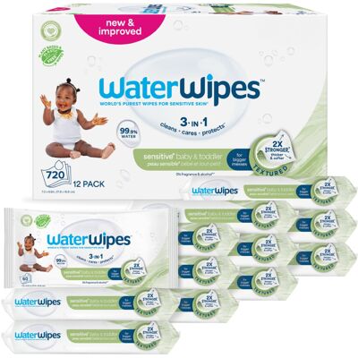 WaterWipes Sensitive+ Baby & Toddler Wipes, 720 Count (12 Packs), 3-In-1 Cleans, WaterWipes Sensitive+ Baby & Toddler Wipes, 720 Count (12 Packs), 3-In-1 Cleans,