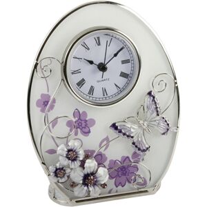 WIDDOP and Co. Oval glass mantel clock purple flowers, crystals and a butterfly WIDDOP and Co. Oval glass mantel clock purple flowers, crystals and a butterfly