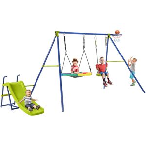 Costway 4-in-1 Outdoor Kids Swing Set Adjustable Saucer Swing w/ Slide & Basketball Hoop Costway 4-in-1 Outdoor Kids Swing Set Adjustable Saucer Swing w/ Slide & Basketball Hoop