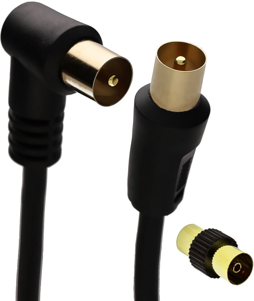 kenable RF Right Angle TV Aerial Freeview Plug Video Cable & Coupler GOLD  1.5m