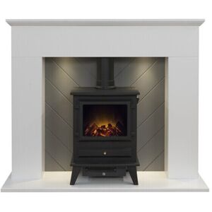 Adam Corinth Stove Fireplace in Pure White & Grey with Downlights & Hudson Elect Adam Corinth Stove Fireplace in Pure White & Grey with Downlights & Hudson Elect