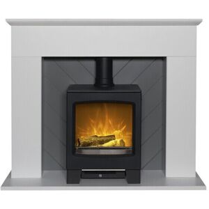 Adam Corinth Stove Fireplace in Pure White & Grey with Downlights & Lunar Electr Adam Corinth Stove Fireplace in Pure White & Grey with Downlights & Lunar Electr