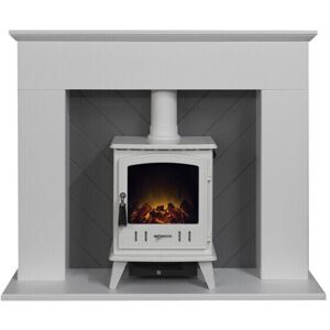 Adam Corinth Stove Fireplace in Pure White & Grey with Downlights & Aviemore Ele Adam Corinth Stove Fireplace in Pure White & Grey with Downlights & Aviemore Ele