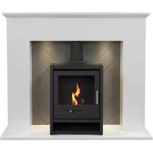Adam Corinth Stove Fireplace in Pure White & Grey with Downlights & OKO S1 Bio E Adam Corinth Stove Fireplace in Pure White & Grey with Downlights & OKO S1 Bio E