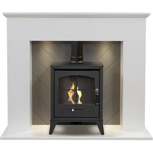 Adam Corinth Stove Fireplace in Pure White & Grey with Downlights & OKO S2 Bio E Adam Corinth Stove Fireplace in Pure White & Grey with Downlights & OKO S2 Bio E