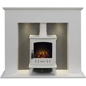Adam Corinth Stove Fireplace in Pure White & Grey with Downlights & Aviemore Ele Adam Corinth Stove Fireplace in Pure White & Grey with Downlights & Aviemore Ele