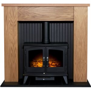 Adam New England Stove Fireplace in Oak with Woodhouse Electric Stove in Black, Adam New England Stove Fireplace in Oak with Woodhouse Electric Stove in Black,
