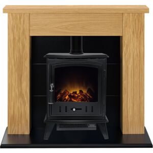 Adam Chester Stove Suite in Oak with Aviemore Electric Stove in Black, Adam Chester Stove Suite in Oak with Aviemore Electric Stove in Black,