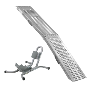 KCT Motorcycle Front Wheel Chock + Foldable Vehicle Loading Ramp Trailer Access KCT Motorcycle Front Wheel Chock + Foldable Vehicle Loading Ramp Trailer Access