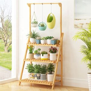 Living And Home (Wood Color) 3 Tier Foldable Plant Stand Ladder Shelf with Hanging Bar Living And Home (Wood Color) 3 Tier Foldable Plant Stand Ladder Shelf with Hanging Bar