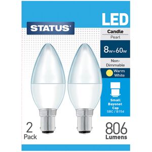 2 x Status 8watt Candle LED SBC B15 Small Bayonet Cap Opal Warm White Equivalent 2 x Status 8watt Candle LED SBC B15 Small Bayonet Cap Opal Warm White Equivalent
