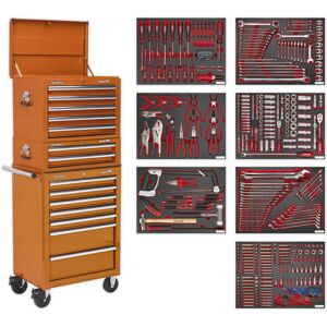 Loops 14 Drawer Topchest Mid Box & Rollcab Bundle with 446 Piece Tool Kit - Orange Loops 14 Drawer Topchest Mid Box & Rollcab Bundle with 446 Piece Tool Kit - Orange