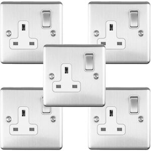 Loops 5 PACK 1 Gang Single UK Plug Socket SATIN STEEL 13A Switched White Trim Plate Loops 5 PACK 1 Gang Single UK Plug Socket SATIN STEEL 13A Switched White Trim Plate
