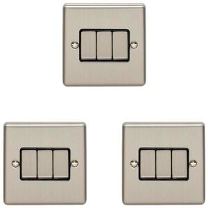 Loops 3 PACK 3 Gang Triple Metal Light Switch SATIN STEEL 2 Way 10A Black Trim Loops 3 PACK 3 Gang Triple Metal Light Switch SATIN STEEL 2 Way 10A Black Trim
