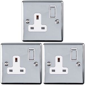Loops 3 PACK 1 Gang Single UK Plug Socket POLISHED CHROME 13A Switched White Trim Loops 3 PACK 1 Gang Single UK Plug Socket POLISHED CHROME 13A Switched White Trim