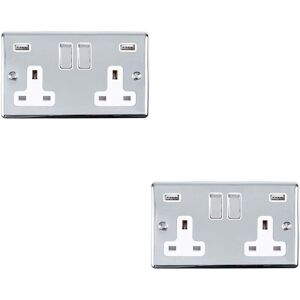 Loops 2 PACK 2 Gang Single UK Plug Socket & 2.1A USB CHROME & White 13A Switched Loops 2 PACK 2 Gang Single UK Plug Socket & 2.1A USB CHROME & White 13A Switched