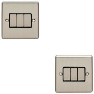 Loops 2 PACK 3 Gang Triple Metal Light Switch SATIN STEEL 2 Way 10A Black Trim Loops 2 PACK 3 Gang Triple Metal Light Switch SATIN STEEL 2 Way 10A Black Trim