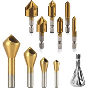 GreenZech 11Pcs Titanium Coating Countersink Drill Bit Set 5 Flutes Chamfer Drill Deburrin GreenZech 11Pcs Titanium Coating Countersink Drill Bit Set 5 Flutes Chamfer Drill Deburrin