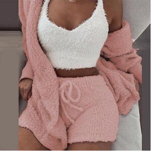 Unbranded (Pink, 3XL) 3pcs Plush Pajamas Set Women Plush Vest Coat Shorts Casual Loungewea Unbranded (Pink, 3XL) 3pcs Plush Pajamas Set Women Plush Vest Coat Shorts Casual Loungewea