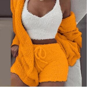 Unbranded (Orange, 3XL) 3pcs Plush Pajamas Set Women Plush Vest Coat Shorts Casual Loungew Unbranded (Orange, 3XL) 3pcs Plush Pajamas Set Women Plush Vest Coat Shorts Casual Loungew