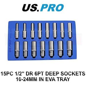 US PRO Tools 15PC 1/2" DR 6pt Deep Sockets 10 - 24mm In EVA Foam Tray 3976 US PRO Tools 15PC 1/2" DR 6pt Deep Sockets 10 - 24mm In EVA Foam Tray 3976