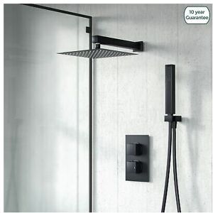 NES Home Black Matt Square Rainfall Shower Head with Hand Held Thermostatic Valve Temel NES Home Black Matt Square Rainfall Shower Head with Hand Held Thermostatic Valve Temel