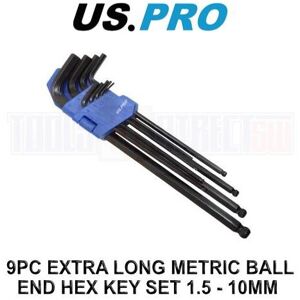 US PRO Tools 9 PC Extra Long Ball End Allen Hex Key Set Metric 1.5 - 10mm 1628 US PRO Tools 9 PC Extra Long Ball End Allen Hex Key Set Metric 1.5 - 10mm 1628