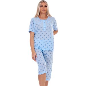 (Blue, L) Malay Ladies Capri Pyjama Set Floral Printed Crew Neck Buttons Cropped (Blue, L) Malay Ladies Capri Pyjama Set Floral Printed Crew Neck Buttons Cropped